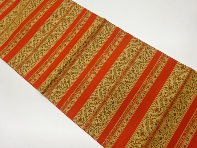 リサイクル　横段に草花模様織出し全通袋帯